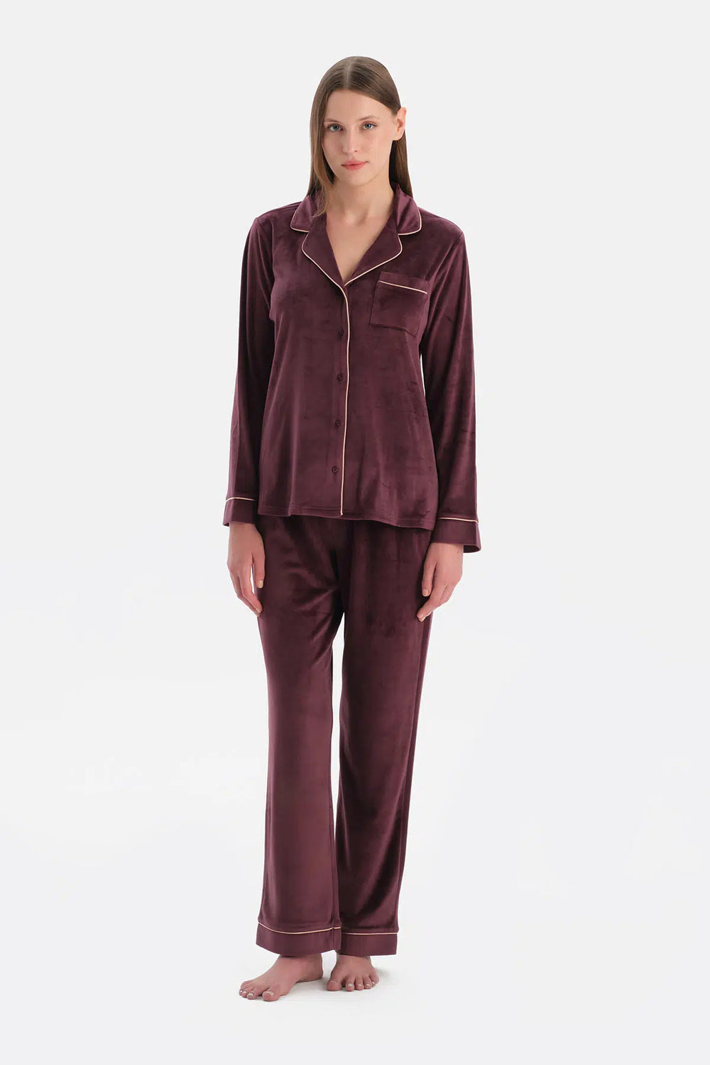 Bordo Biye Detaylı Kadife Gömlek Pantolon Pijama Takımı