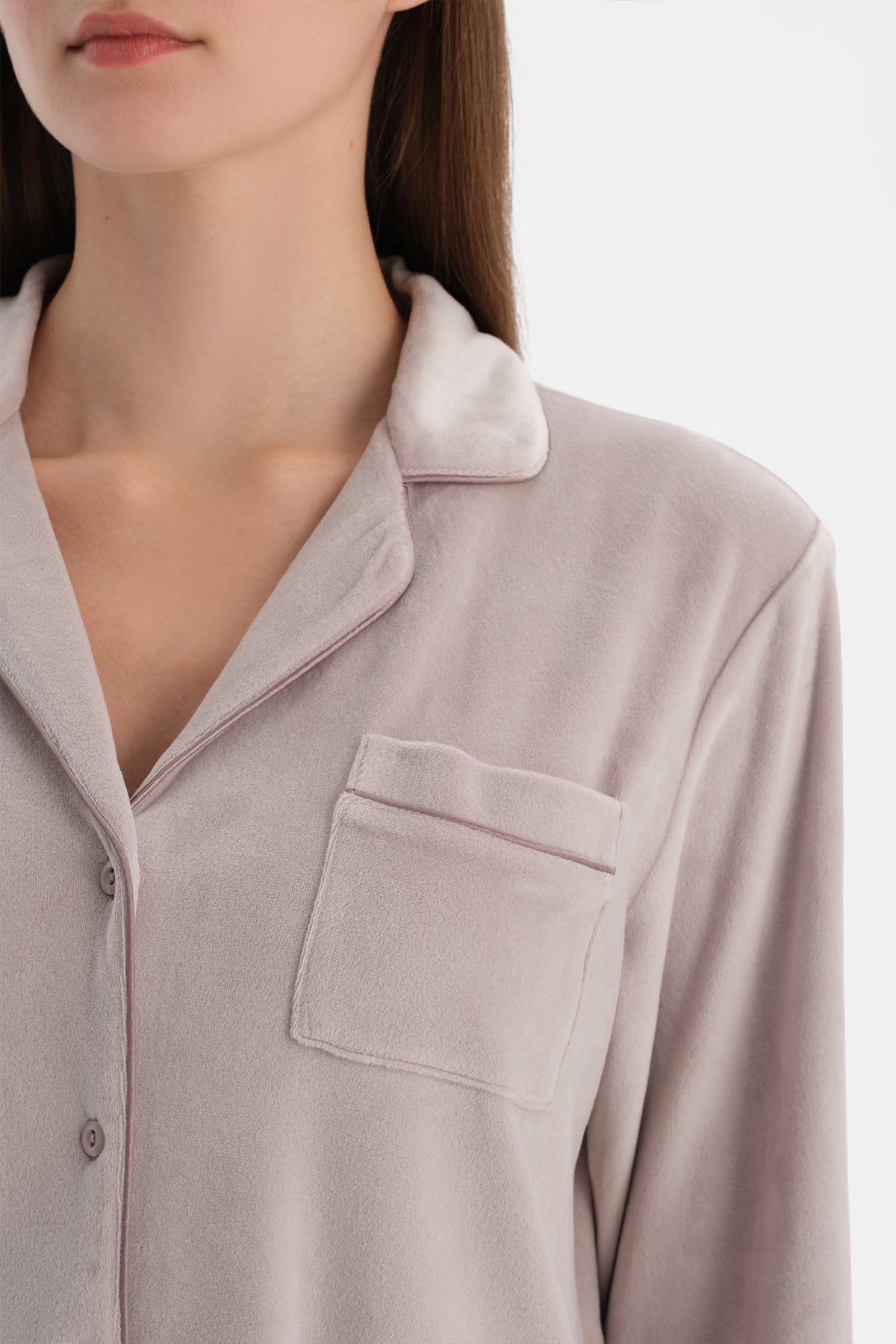 Gri Biye Detaylı Kadife Gömlek Pantolon Pijama Takımı