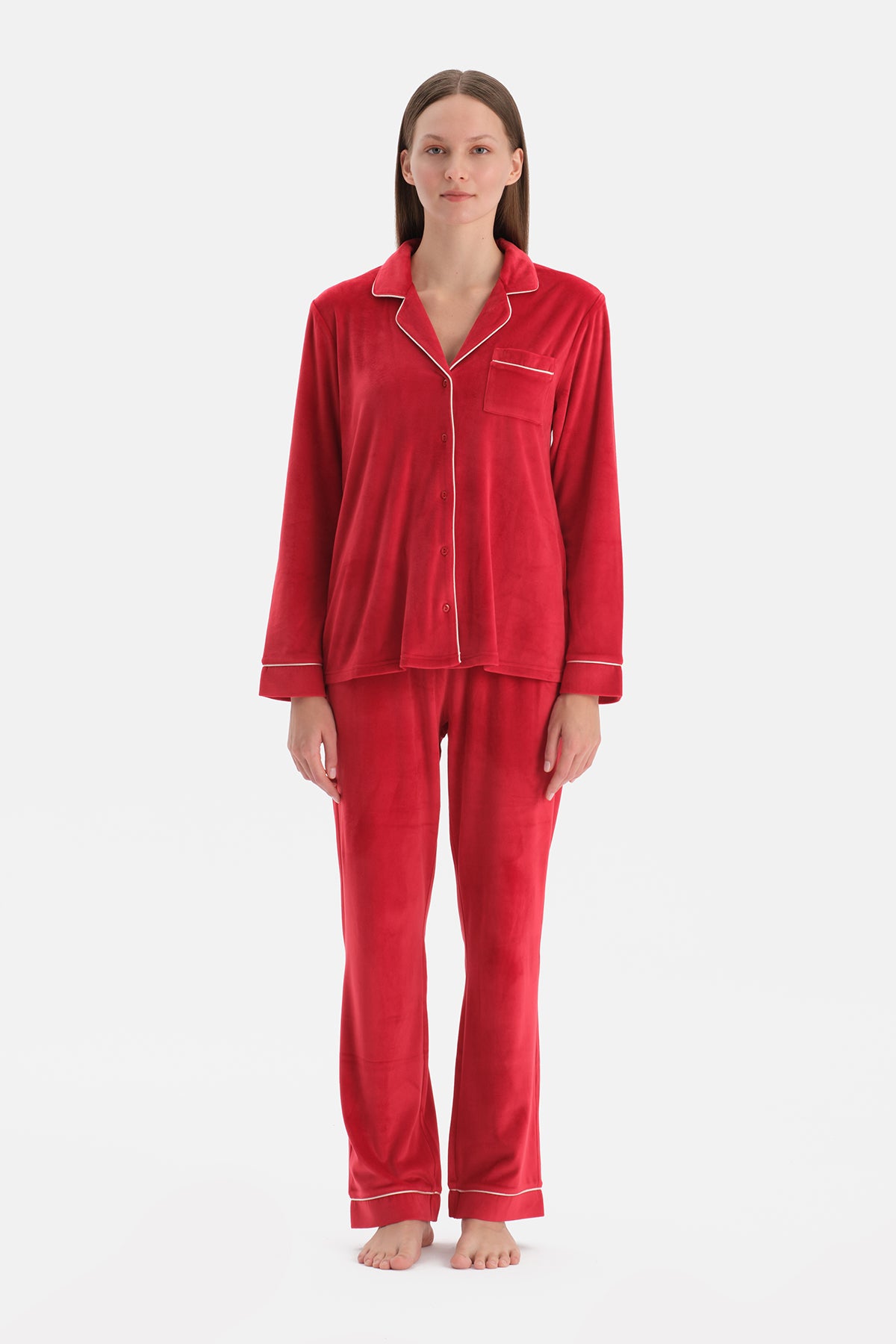 Kırmızı Biye Detaylı Kadife Gömlek Pantolon Pijama Takımı