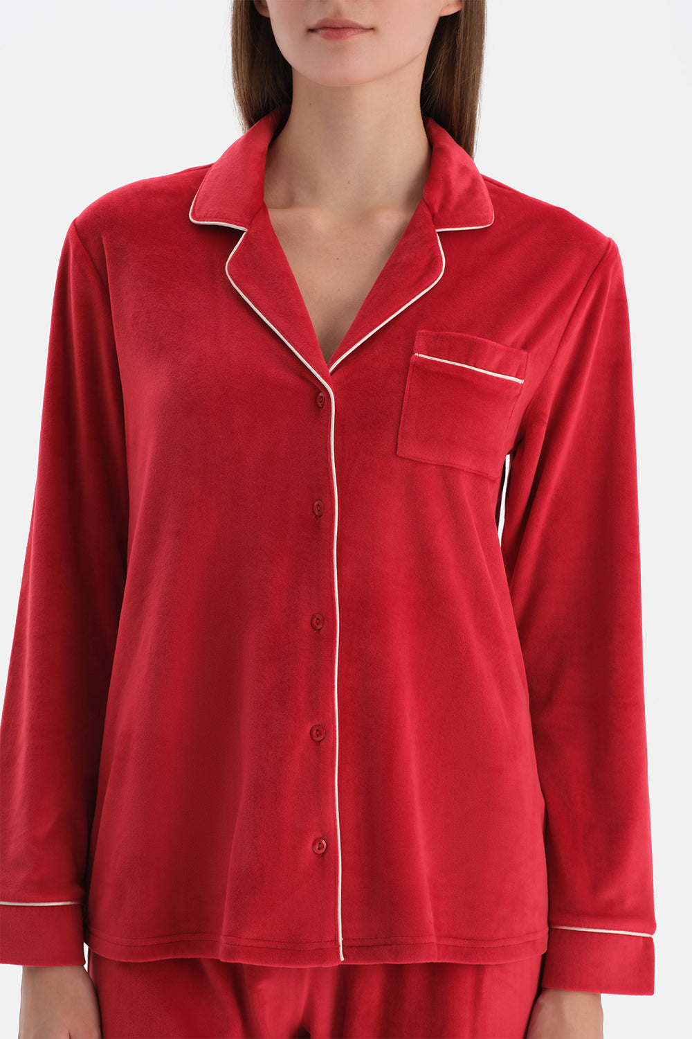 Kırmızı Biye Detaylı Kadife Gömlek Pantolon Pijama Takımı