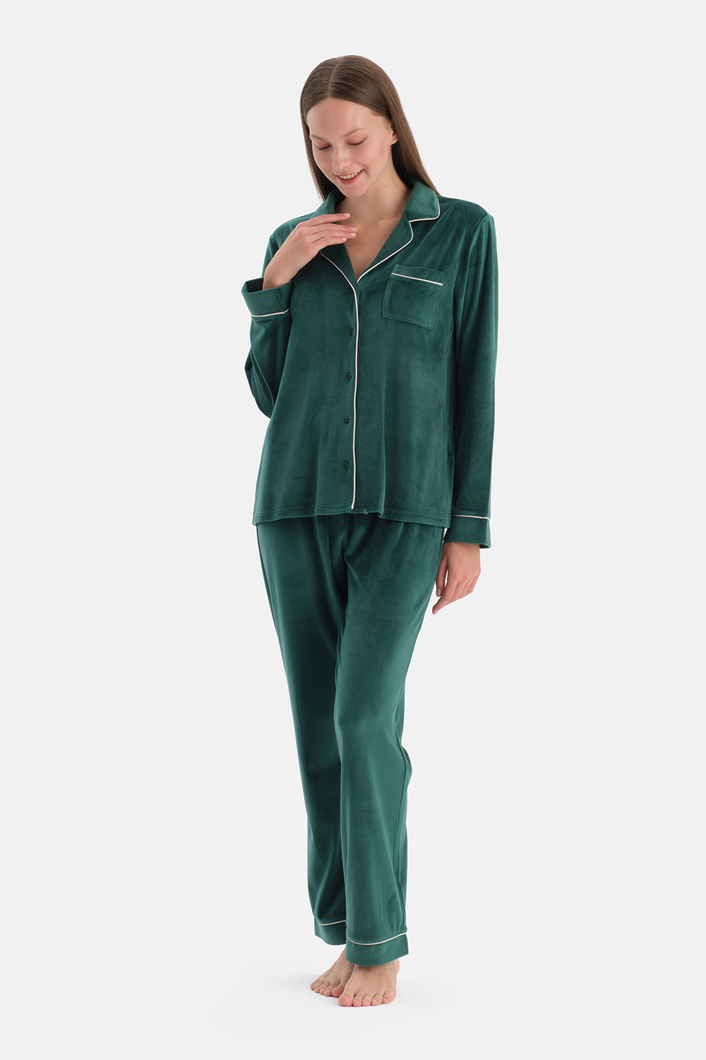 Koyu Yeşil Biye Detaylı Kadife Gömlek Pantolon Pijama Takımı