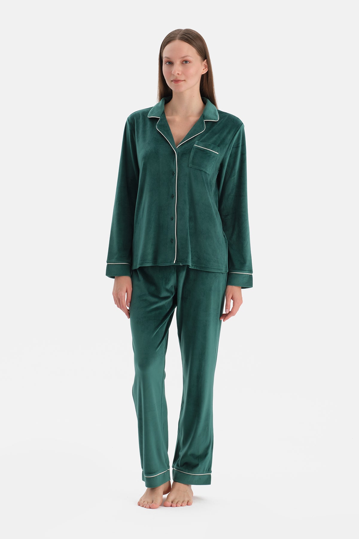 Koyu Yeşil Biye Detaylı Kadife Gömlek Pantolon Pijama Takımı