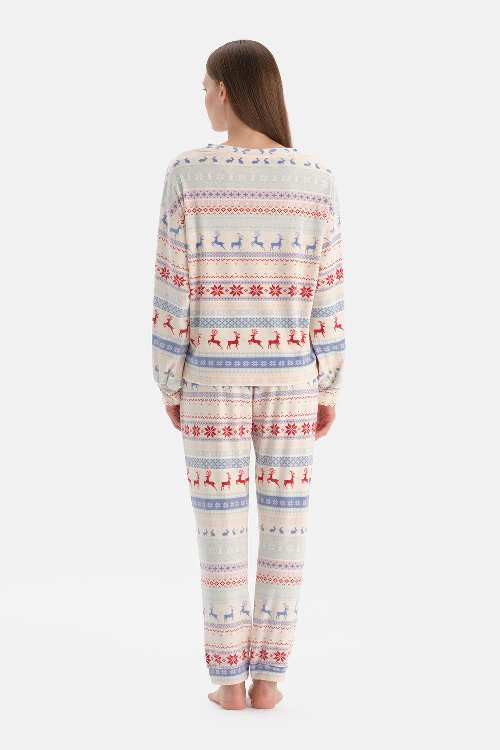 Multicolor Baskılı Kadife Tişört Pantolon Pijama Takımı