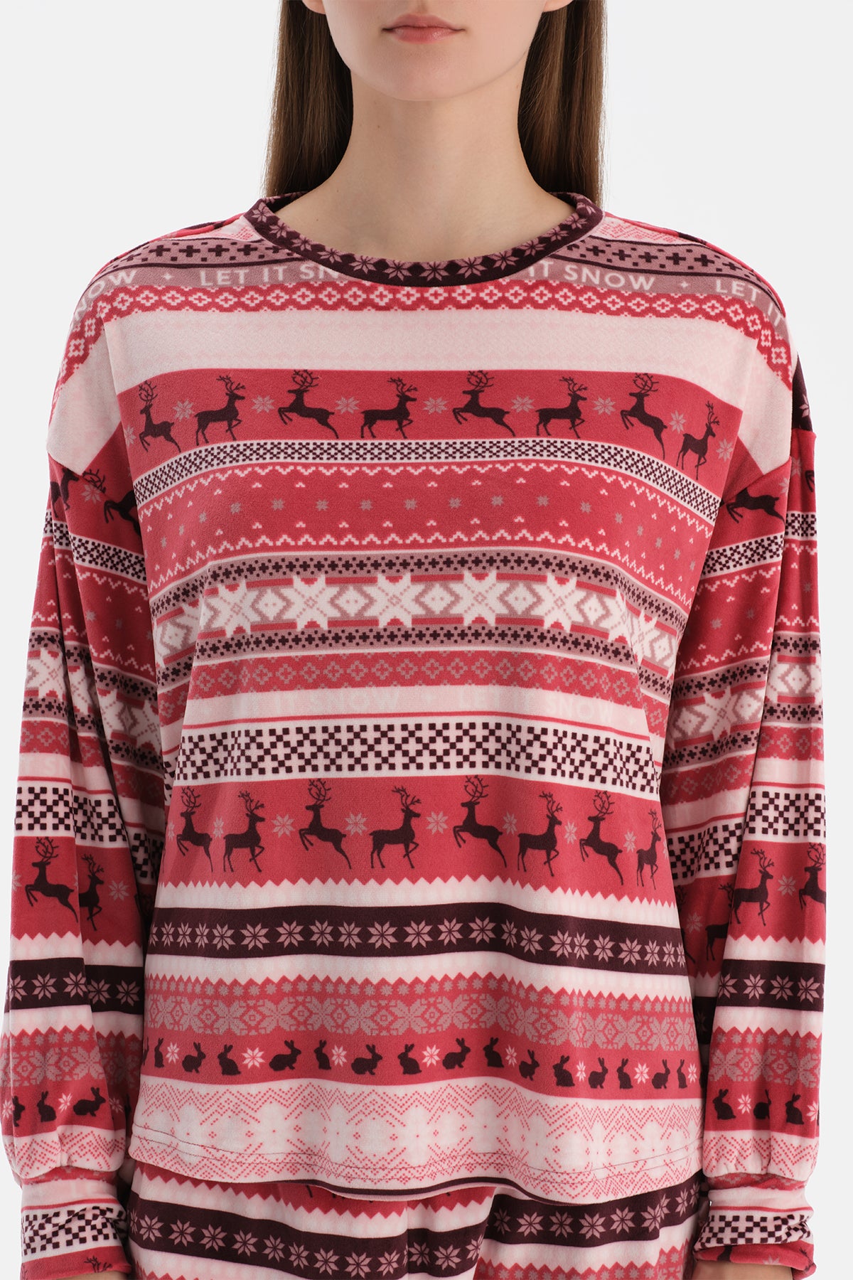 Kırmızı Baskılı Kadife Tişört Pantolon Pijama Takımı