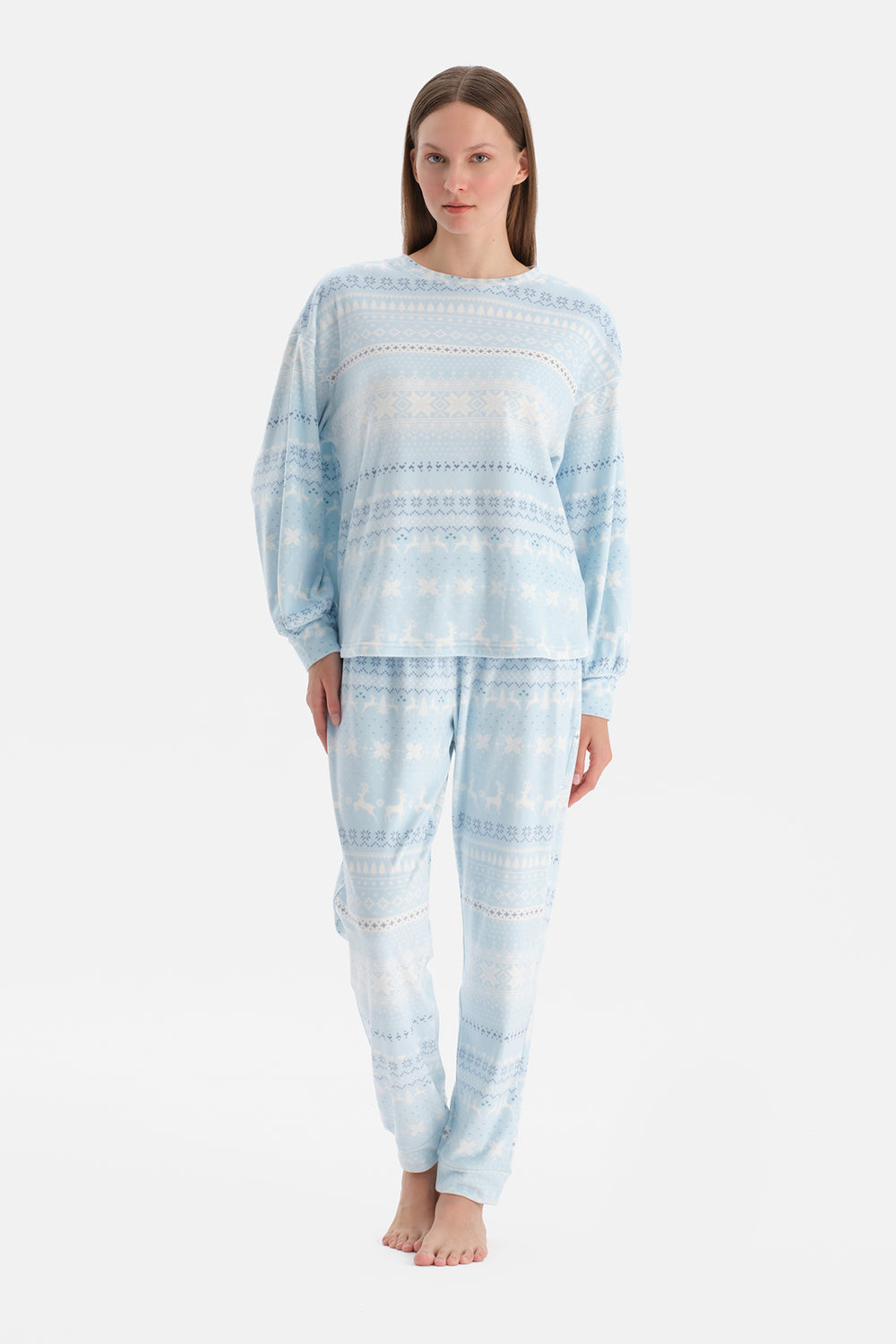 Açık Mavi Baskılı Kadife Tişört Pantolon Pijama Takımı