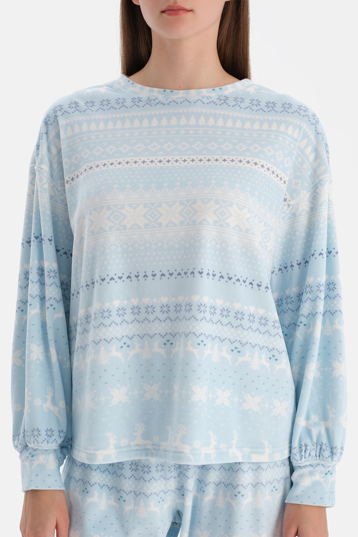 Açık Mavi Baskılı Kadife Tişört Pantolon Pijama Takımı