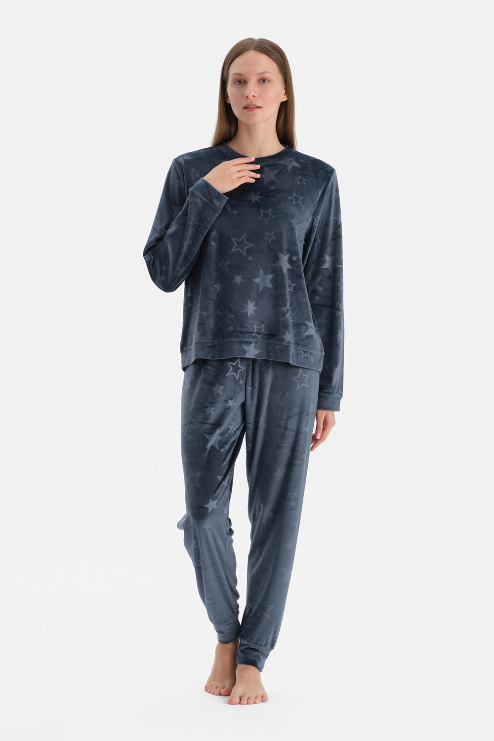 Lacivert Gofre Yıldız Baskılı Tişört Pantolon Pijama Takımı