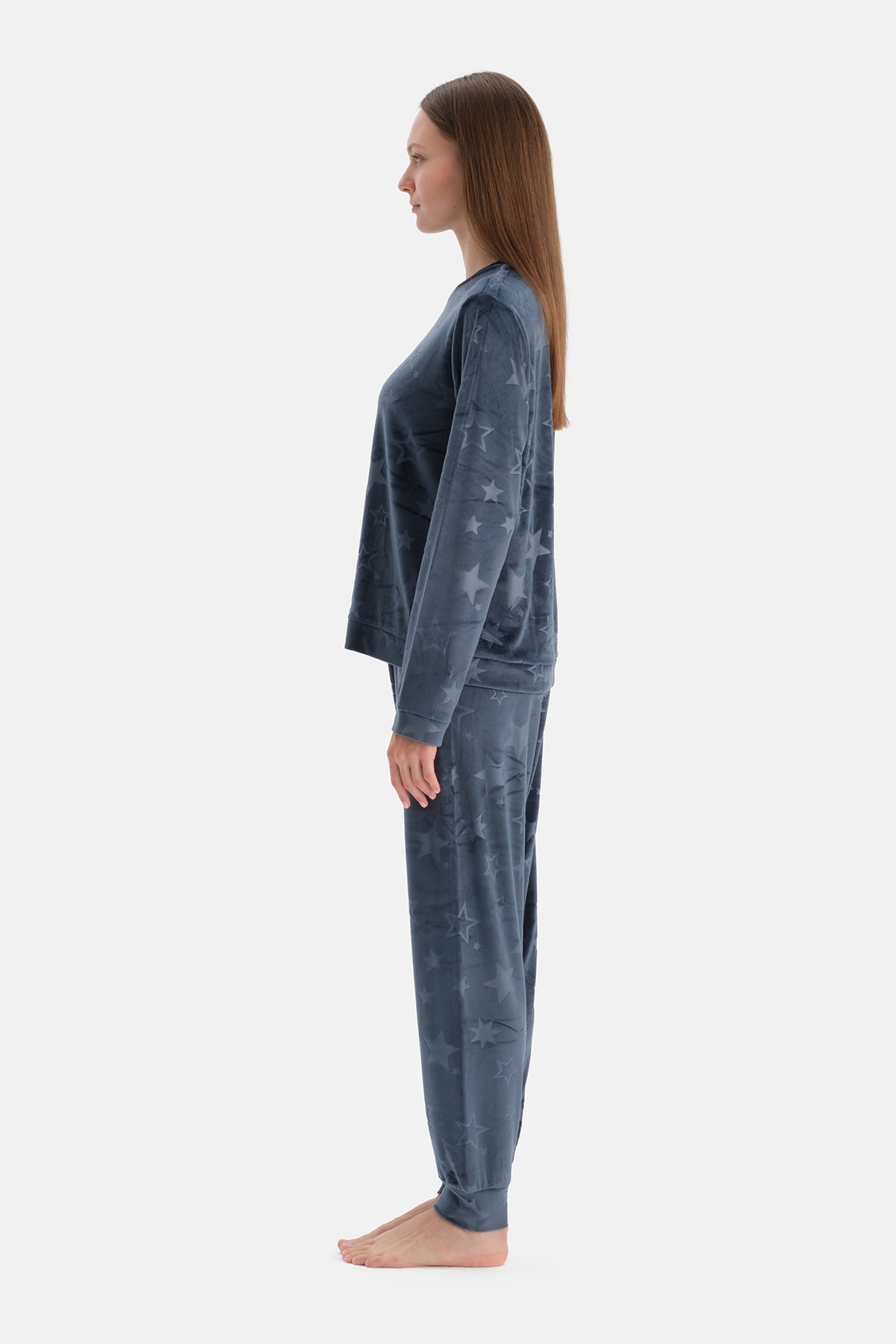 Lacivert Gofre Yıldız Baskılı Tişört Pantolon Pijama Takımı