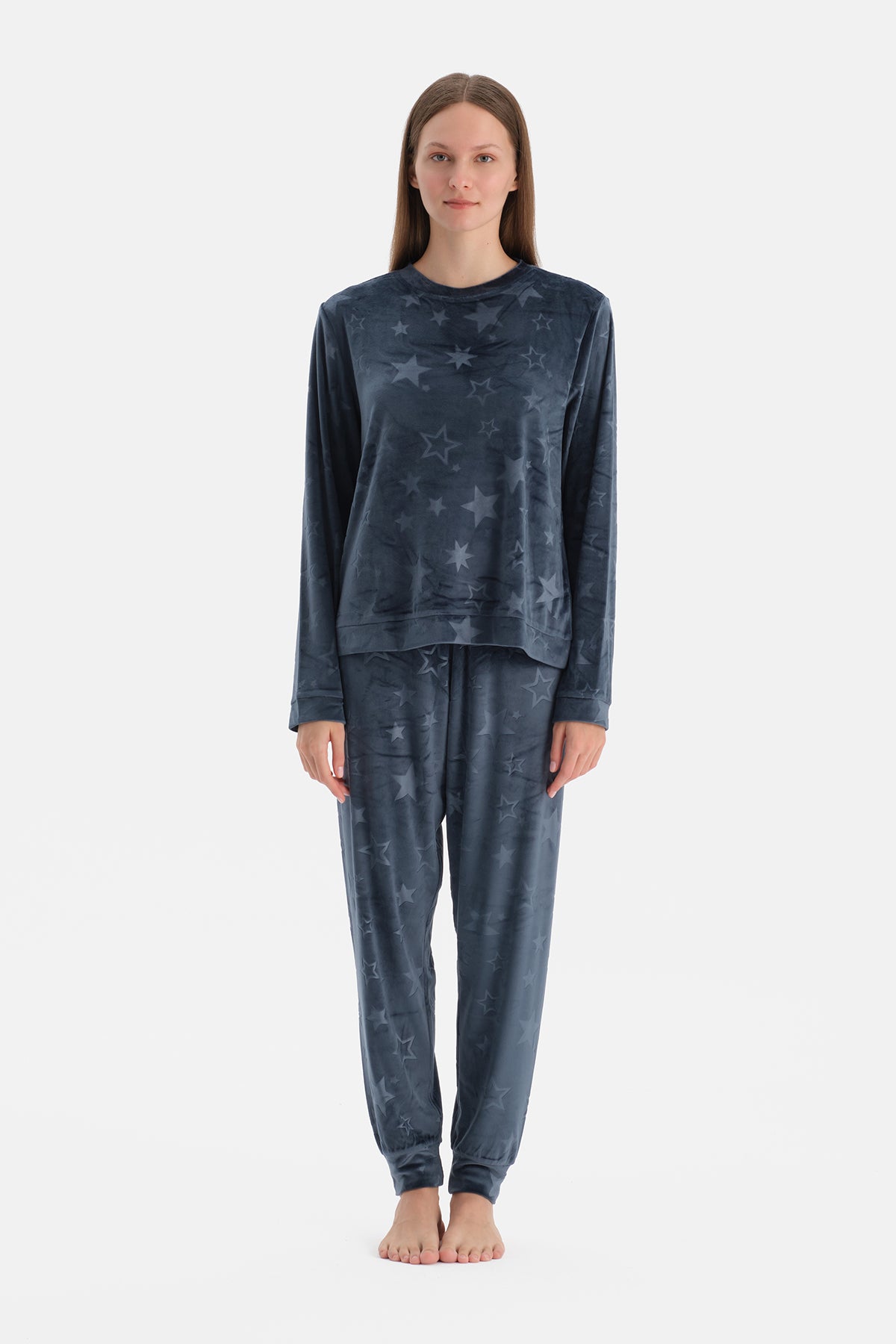 Lacivert Gofre Yıldız Baskılı Tişört Pantolon Pijama Takımı