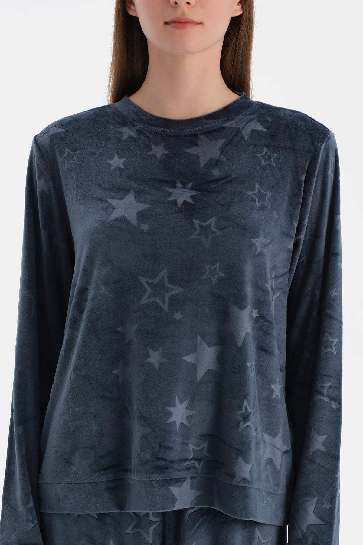 Lacivert Gofre Yıldız Baskılı Tişört Pantolon Pijama Takımı