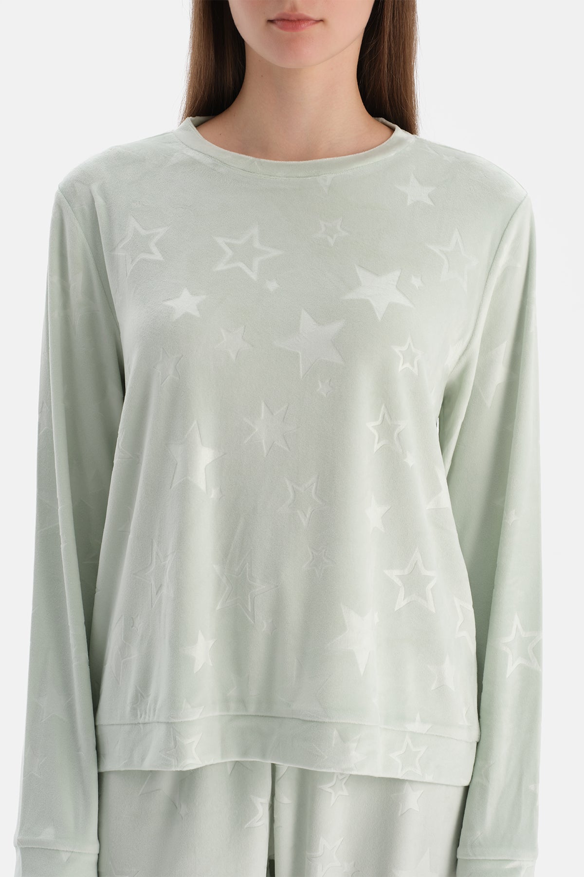 Su Yeşili Gofre Yıldız Baskılı Tişört Pantolon Pijama Takımı