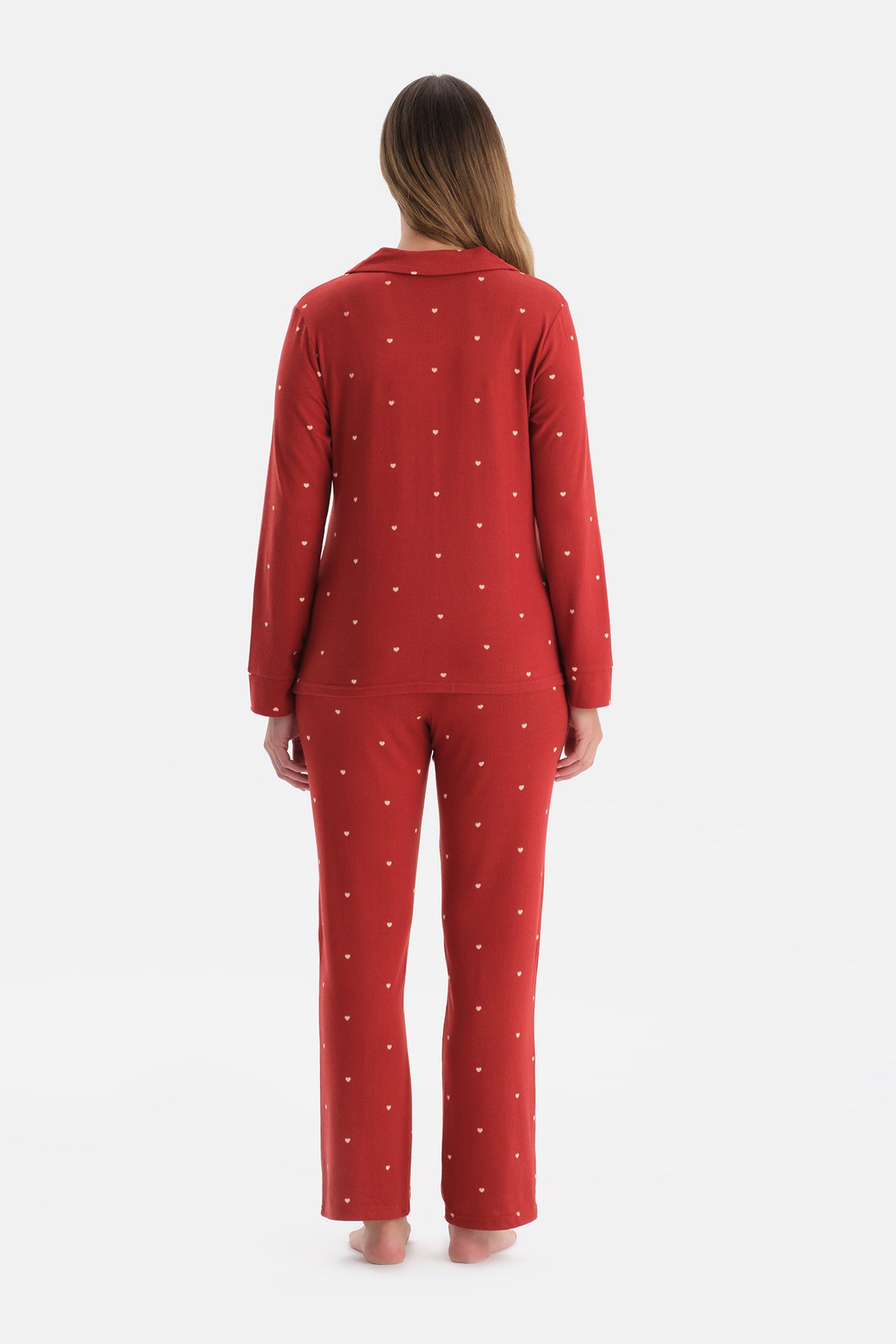 Kırmızı Puantiyeli Termal Gömlek Pantolon Pijama Takımı