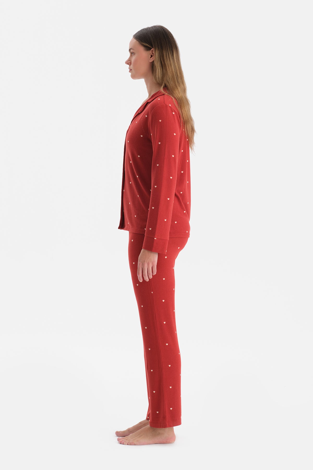 Kırmızı Puantiyeli Termal Gömlek Pantolon Pijama Takımı