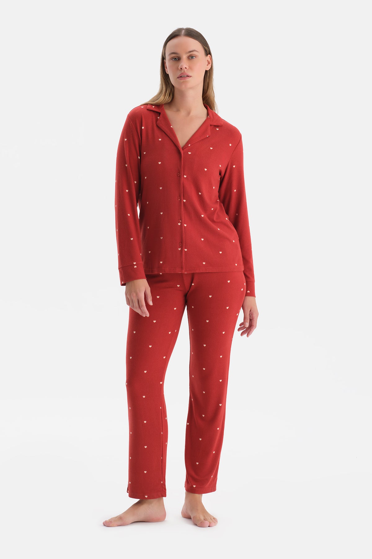 Kırmızı Puantiyeli Termal Gömlek Pantolon Pijama Takımı