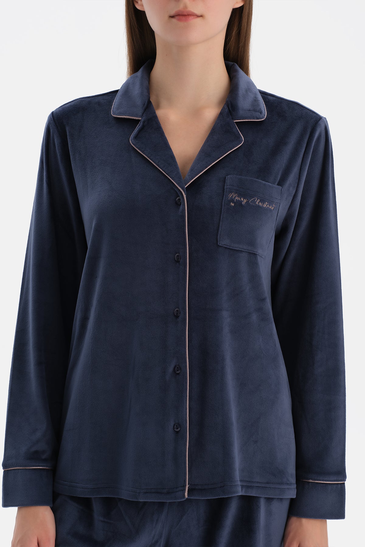 Lacivert Nakış Detaylı Kadife Gömlek Pantolon Pijama Takımı