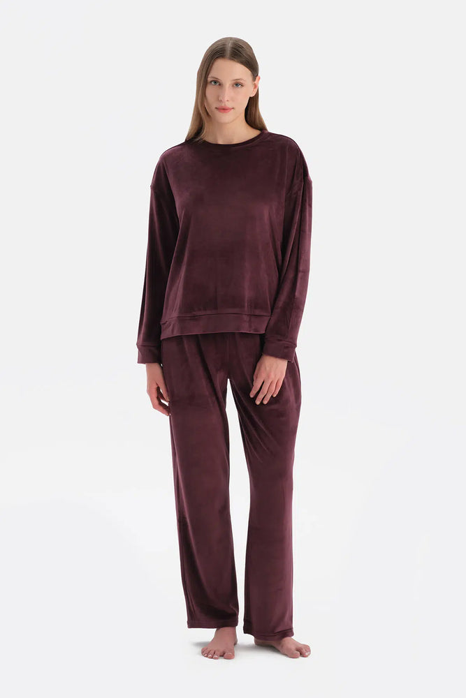 Bordo Uzun Kollu Kadife Tişört Pantolon Pijama Takımı