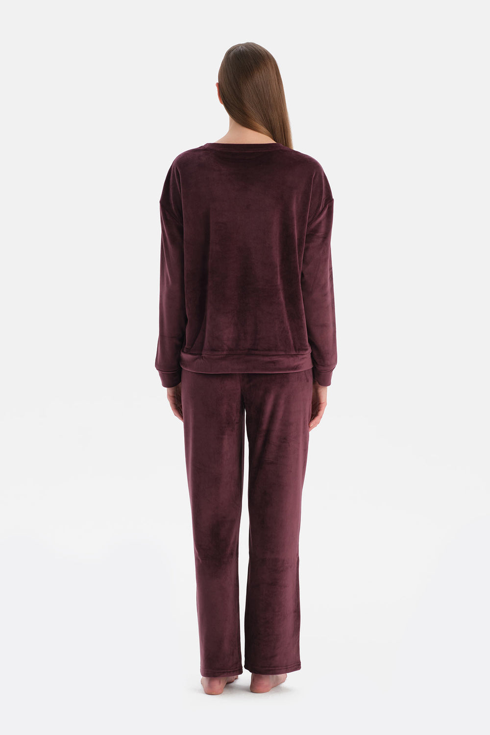 Bordo Bisiklet Yaka Uzun Kollu Kadife Tişört Pantolon Pijama Takımı