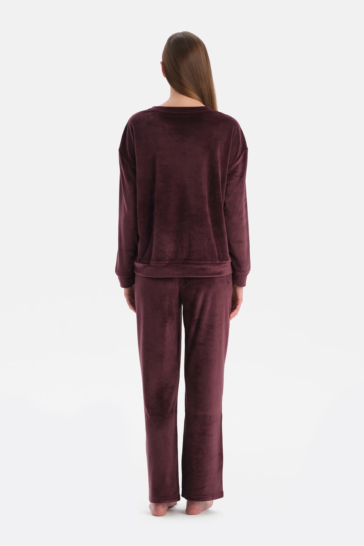 Bordo Bisiklet Yaka Uzun Kollu Kadife Tişört Pantolon Pijama Takımı