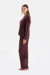 Bordo Bisiklet Yaka Uzun Kollu Kadife Tişört Pantolon Pijama Takımı