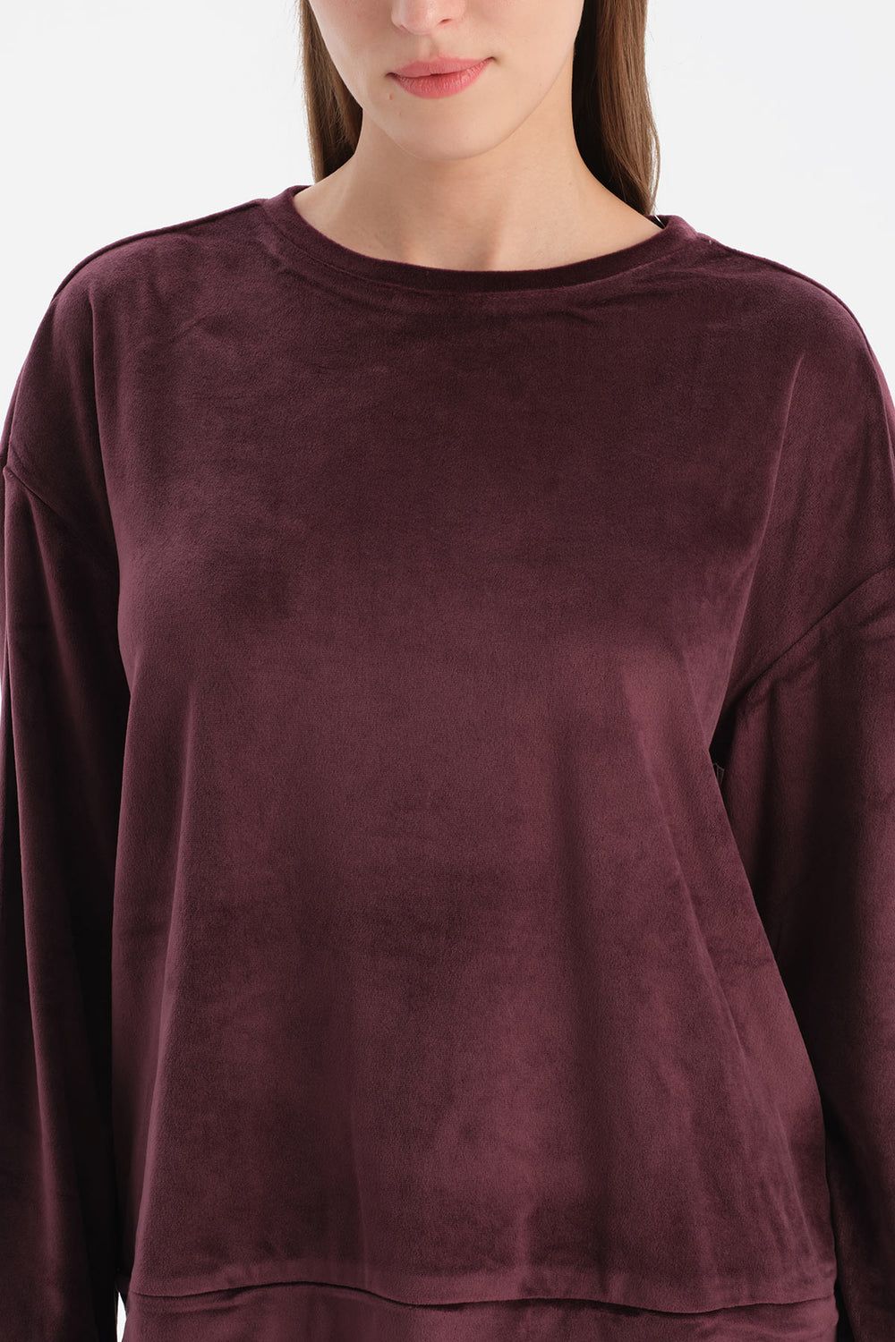 Bordo Bisiklet Yaka Uzun Kollu Kadife Tişört Pantolon Pijama Takımı