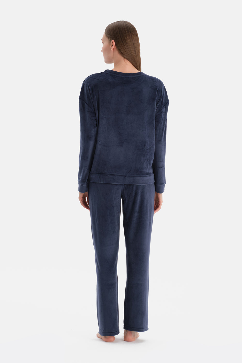 Lacivert Uzun Kollu Kadife Tişört Pantolon Pijama Takımı