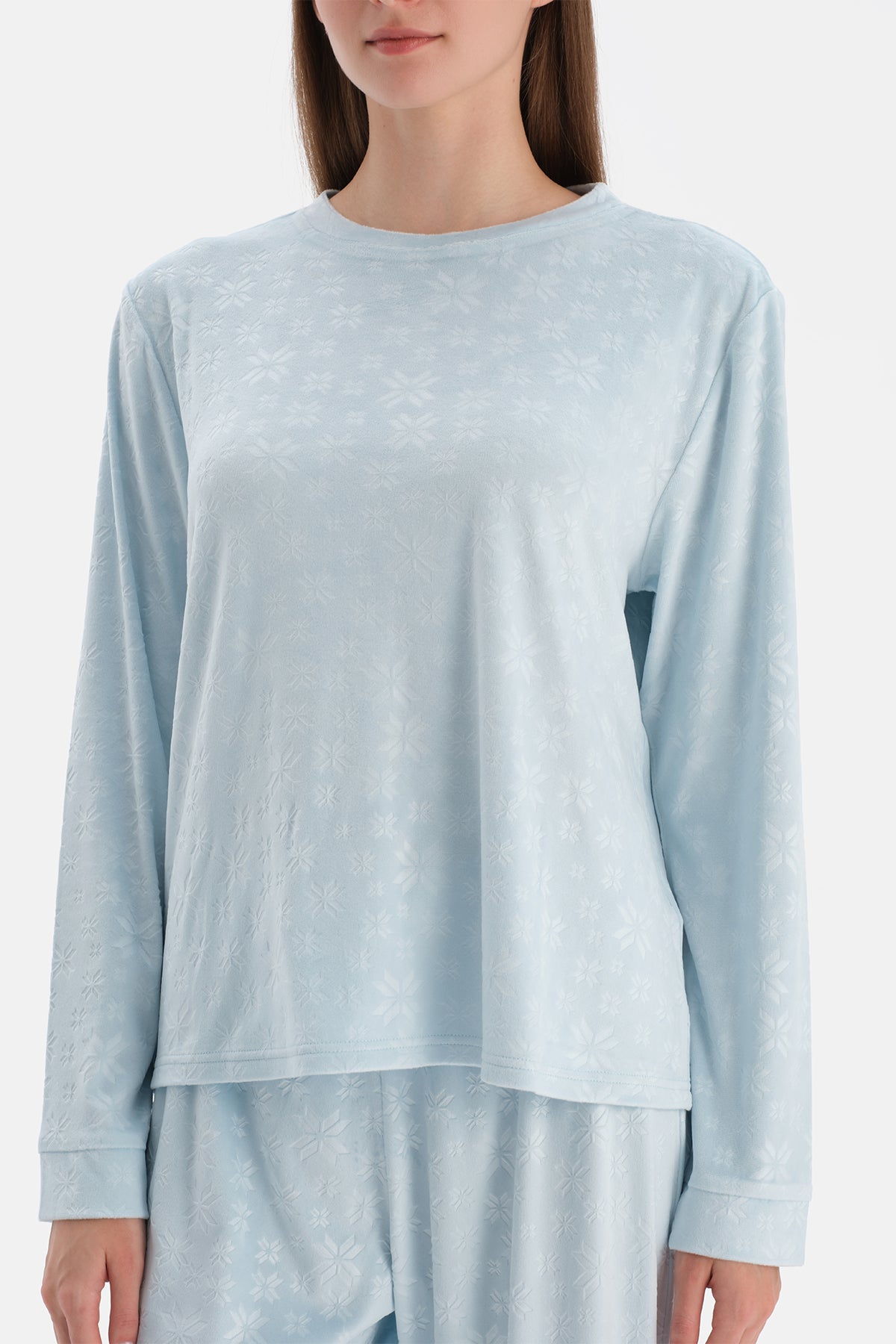 Turkuaz Gofre Kar Baskılı Tişört Pantolon Pijama Takımı