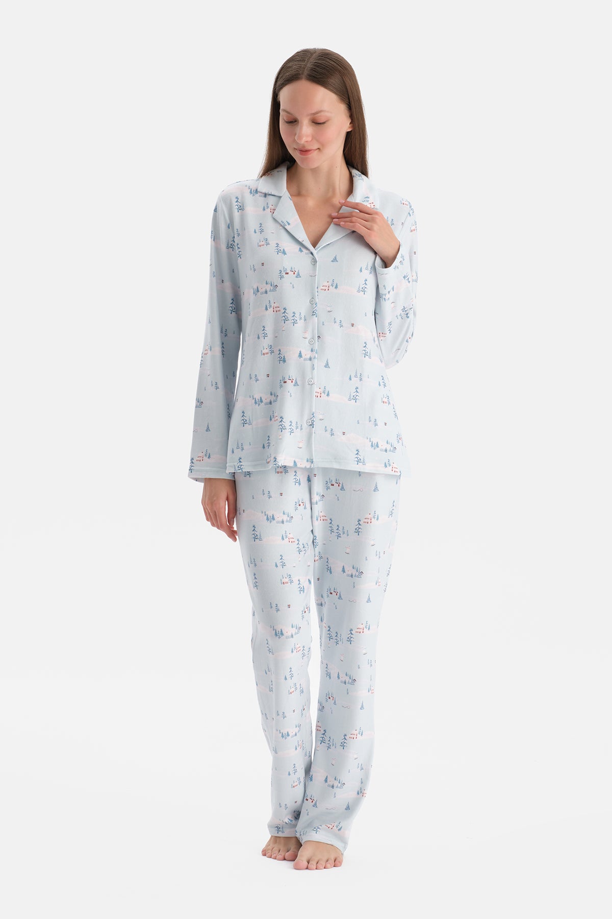 Açık Mavi Baskılı Termal Gömlek Pantolon Pijama Takımı