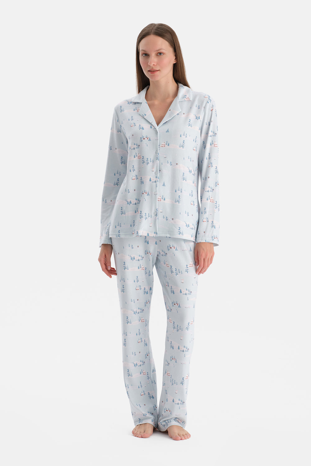 Açık Mavi Baskılı Termal Gömlek Pantolon Pijama Takımı