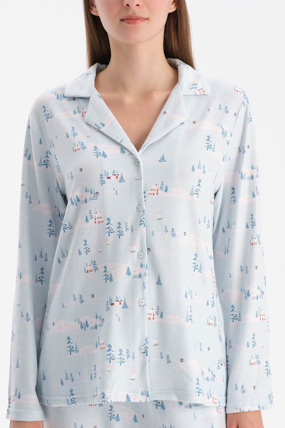 Açık Mavi Baskılı Termal Gömlek Pantolon Pijama Takımı