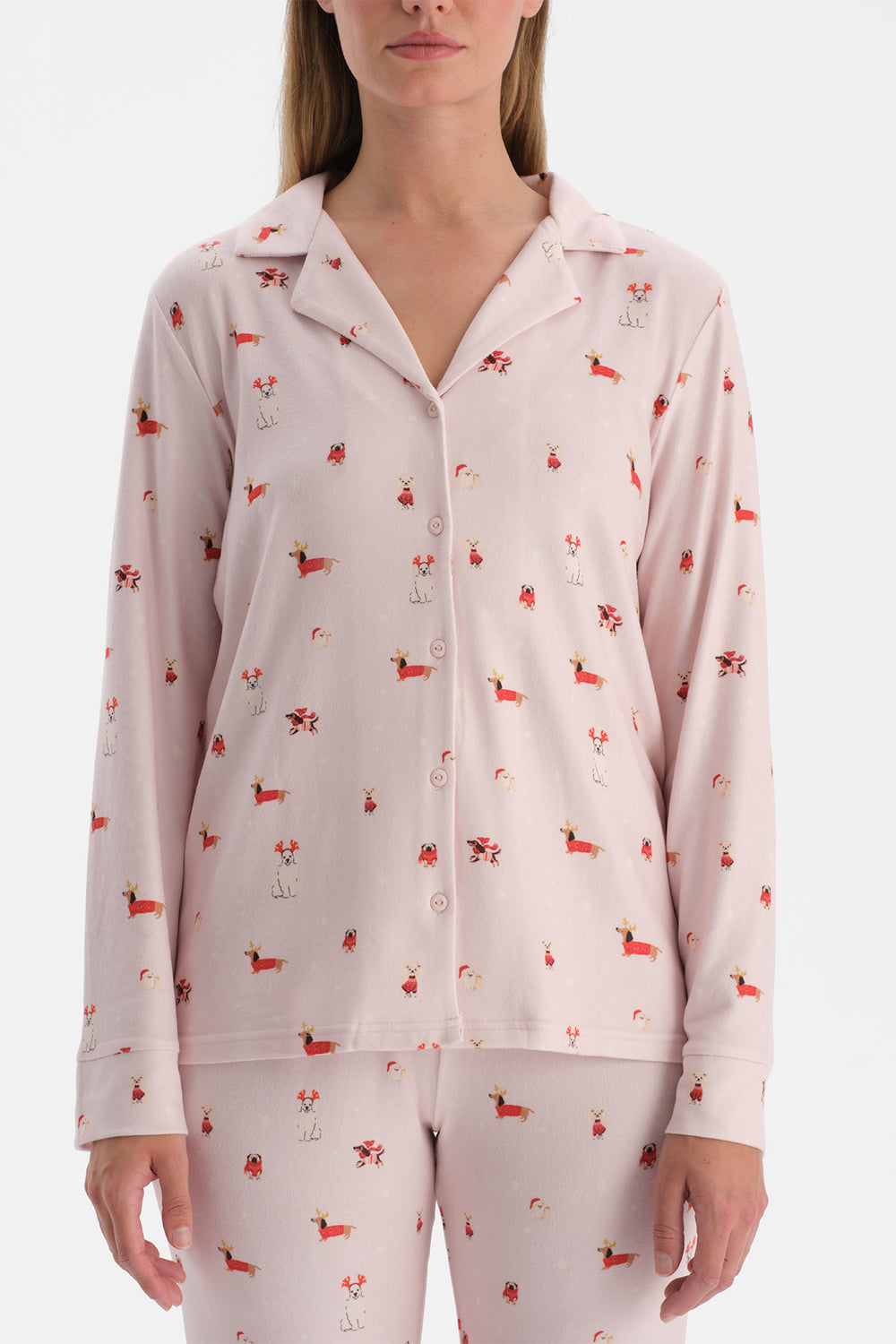 Açık Pembe Baskılı Termal Gömlek Pantolon Pijama Takımı