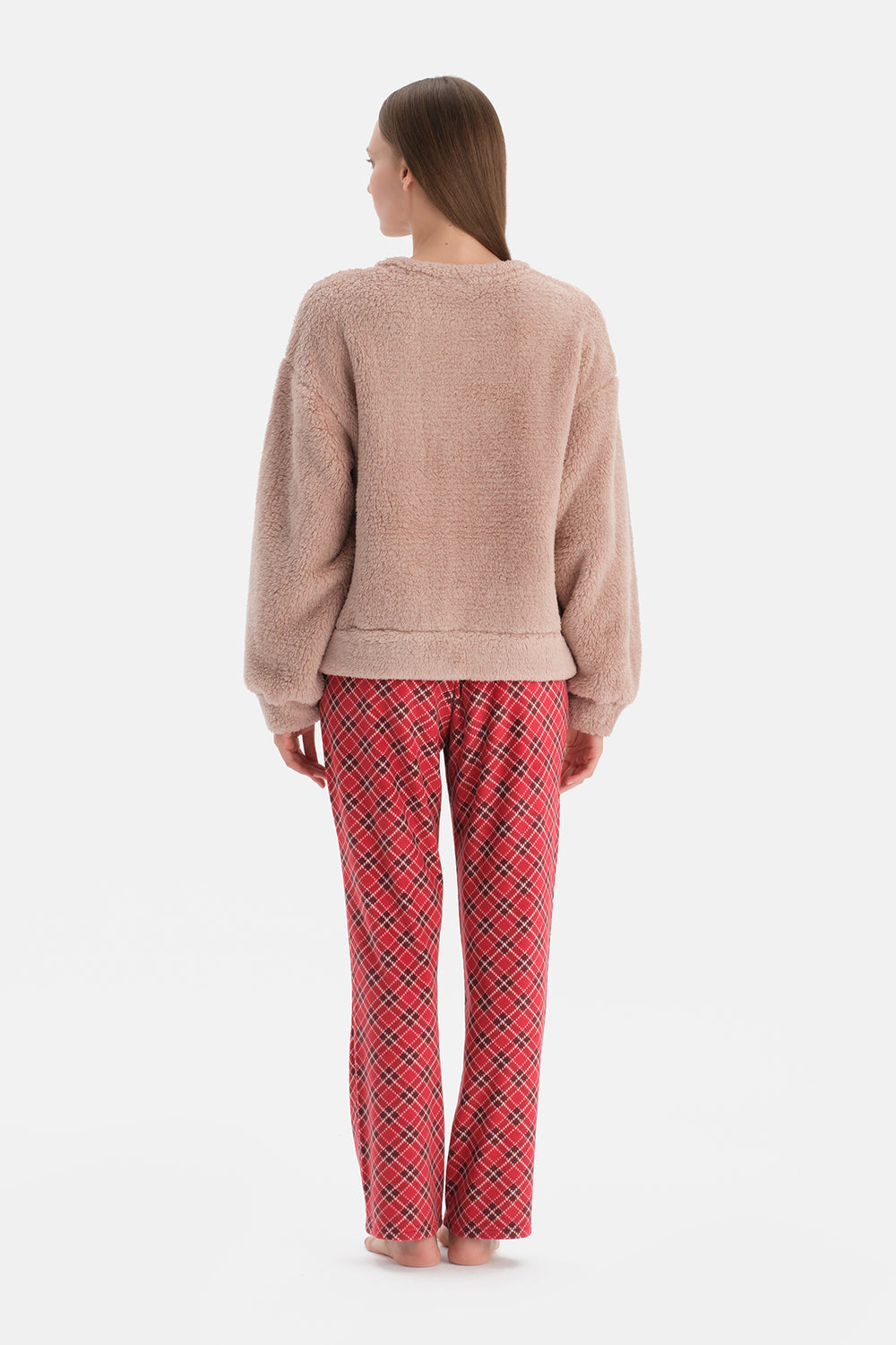 Sütlü Kahve Nakışlı Polar Tişört Pantolon Pijama Takımı