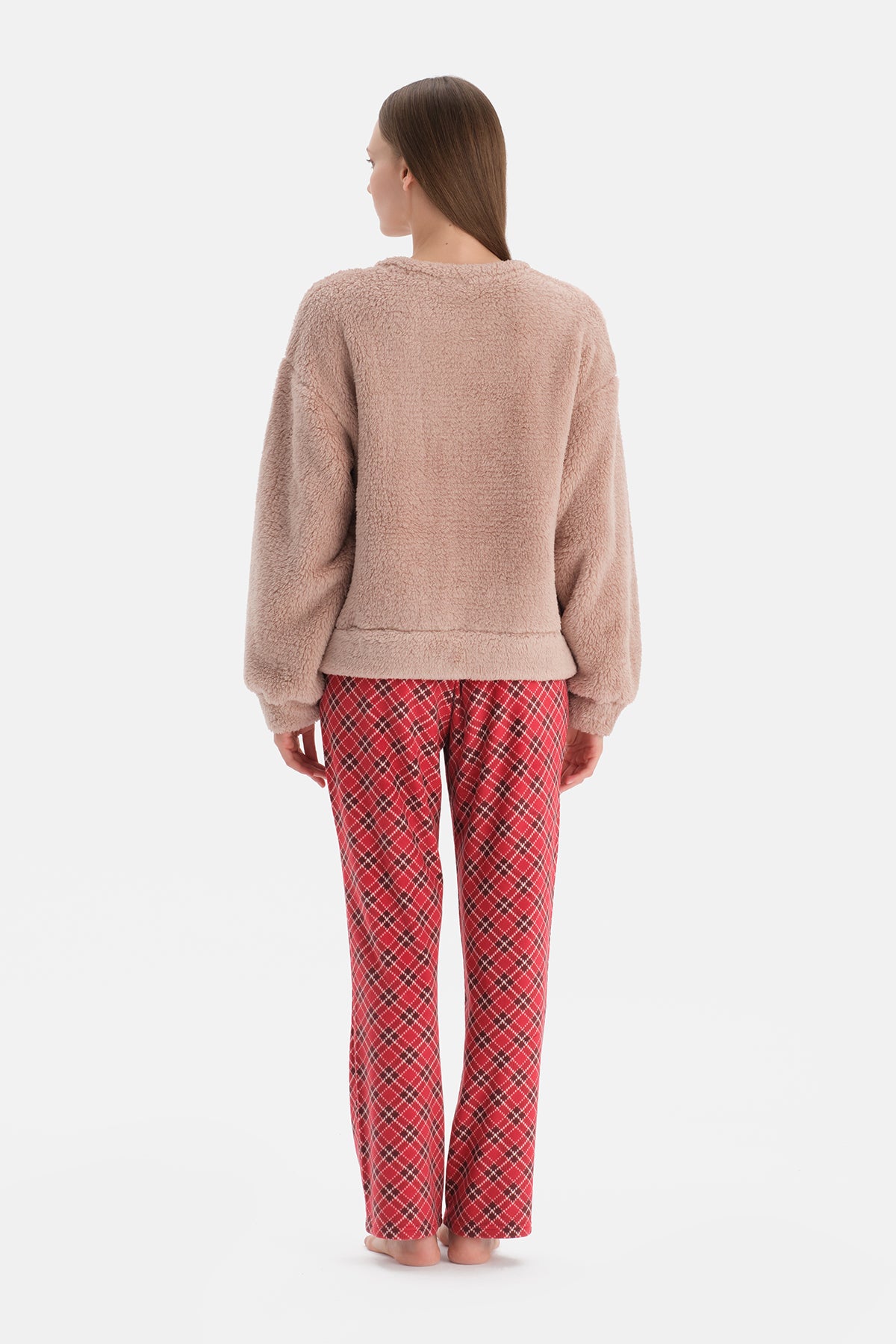 Sütlü Kahve Nakışlı Polar Tişört Pantolon Pijama Takımı