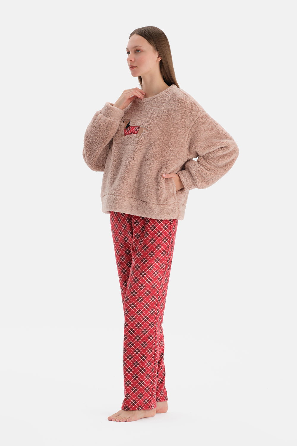 Sütlü Kahve Nakışlı Polar Tişört Pantolon Pijama Takımı