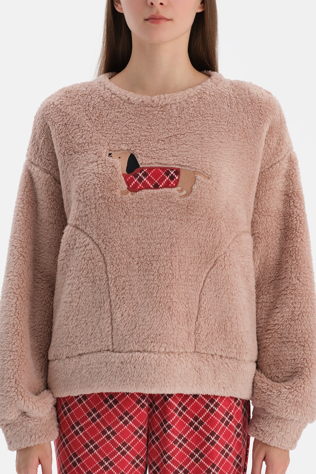 Sütlü Kahve Nakışlı Polar Tişört Pantolon Pijama Takımı