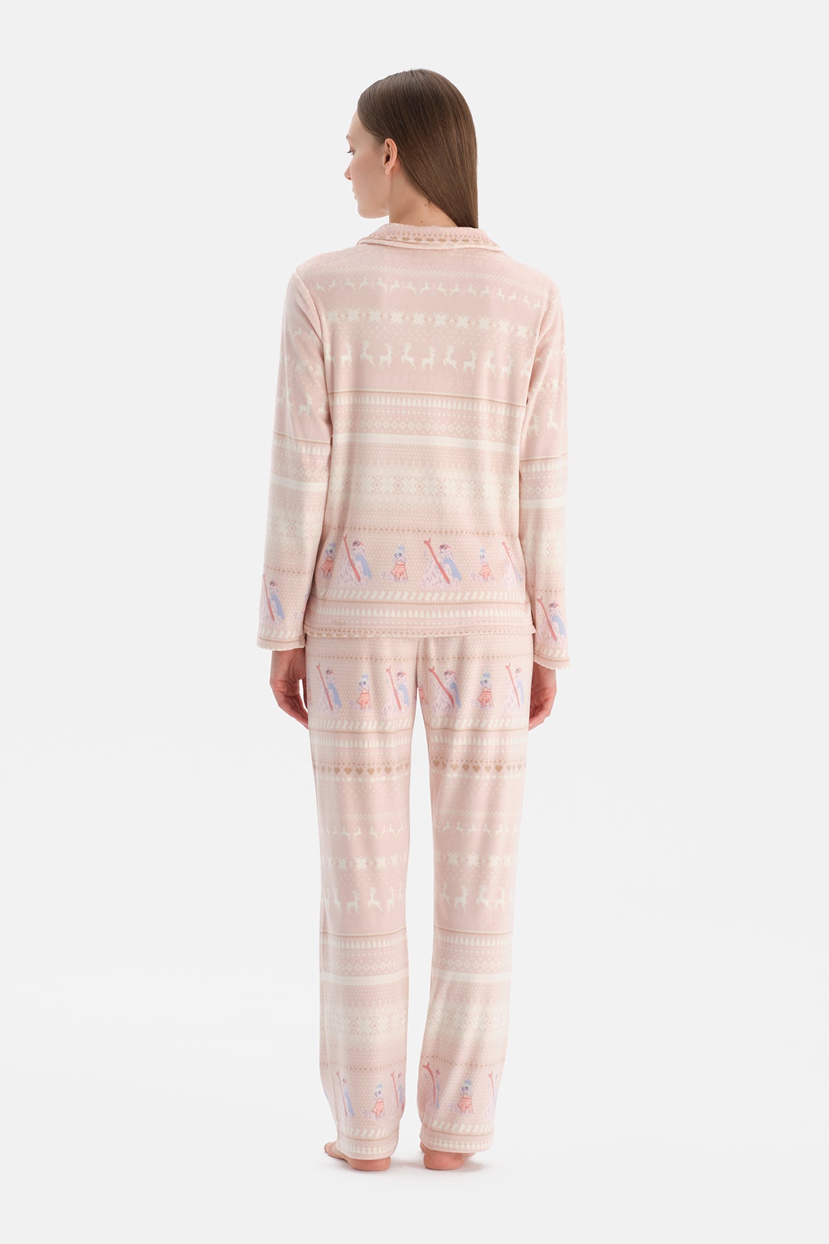 Sütlü Kahve Baskılı Kadife Gömlek Pantolon Pijama Takımı