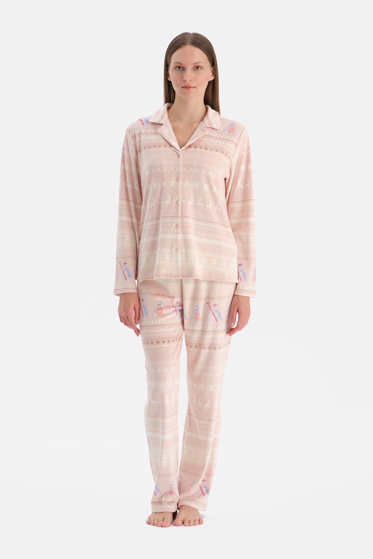 Sütlü Kahve Baskılı Kadife Gömlek Pantolon Pijama Takımı