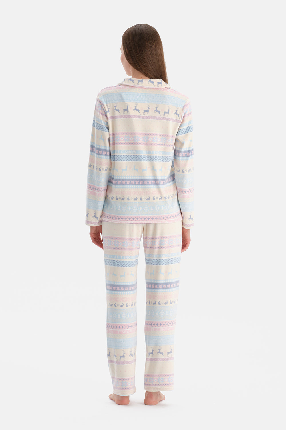 Multicolor Baskılı Kadife Gömlek Pantolon Pijama Takımı