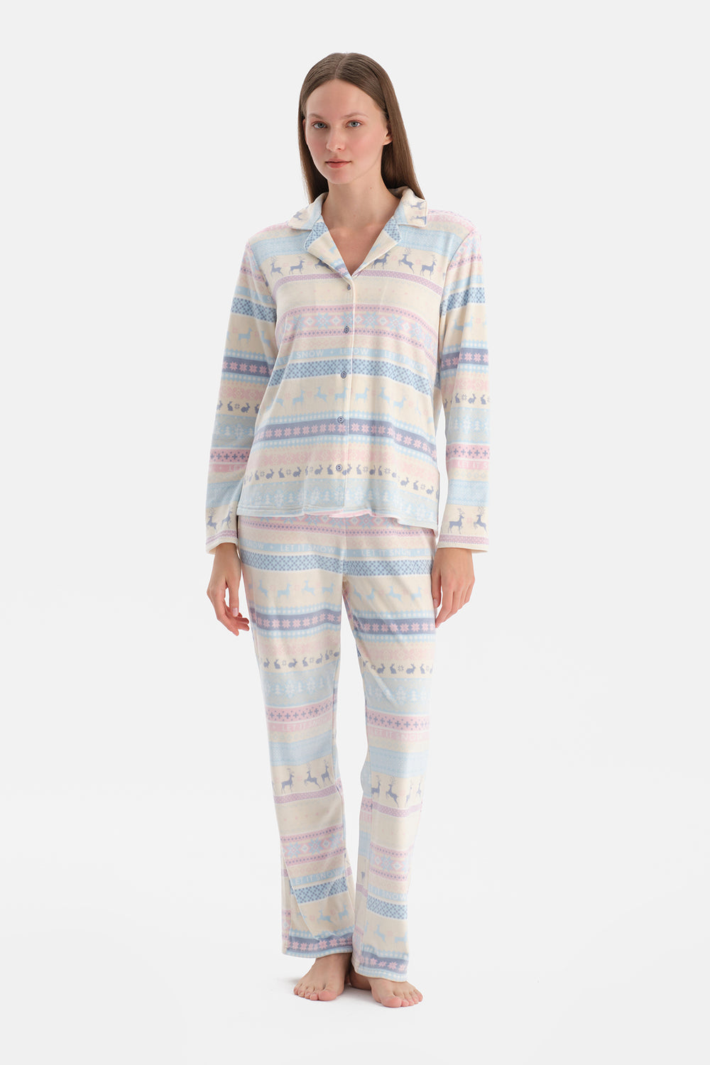 Multicolor Baskılı Kadife Gömlek Pantolon Pijama Takımı