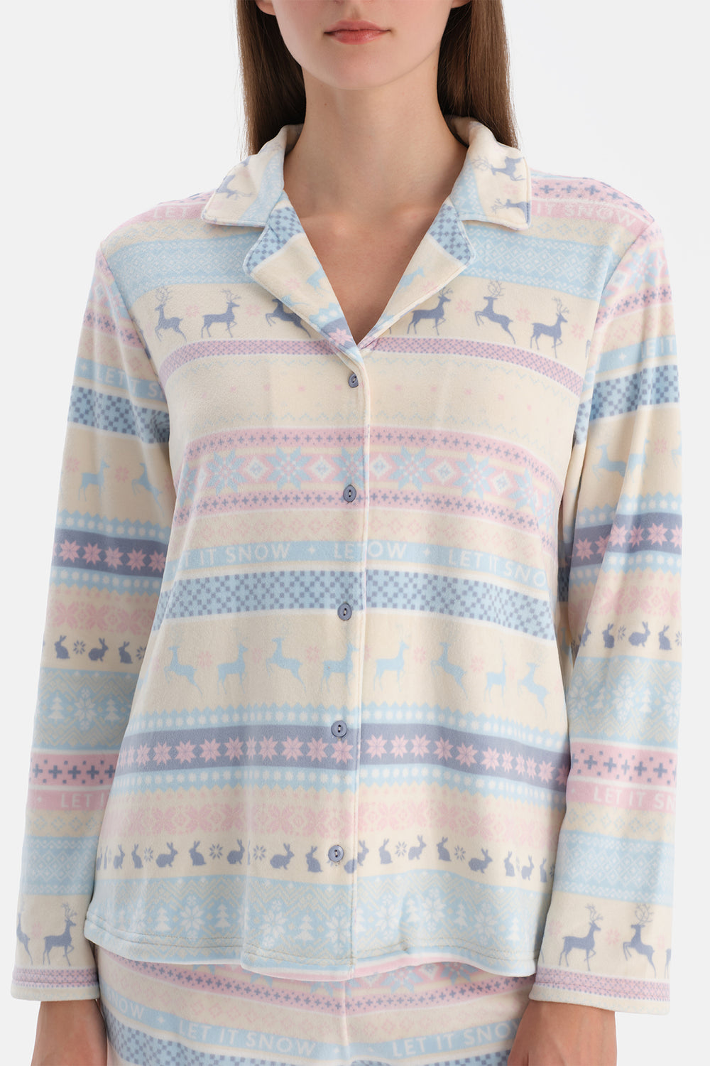 Multicolor Baskılı Kadife Gömlek Pantolon Pijama Takımı