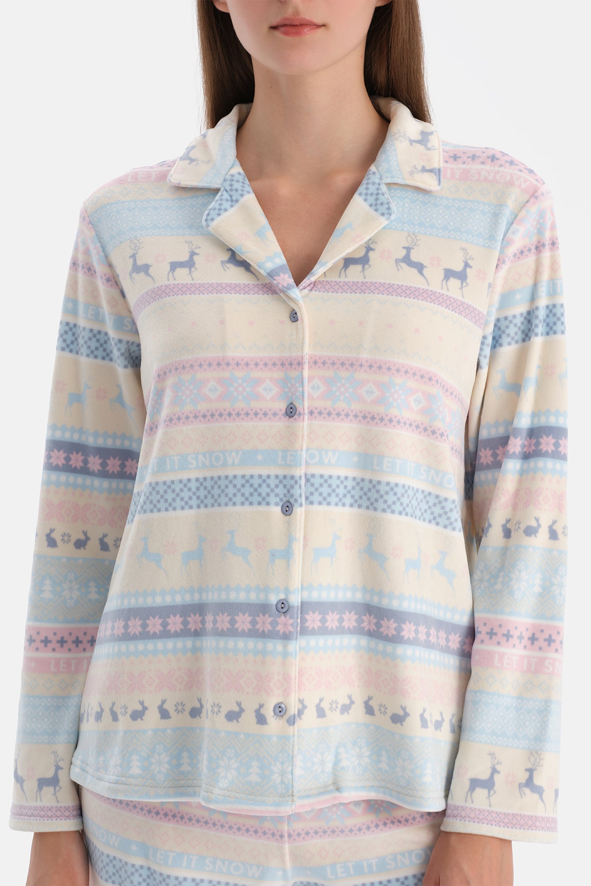 Multicolor Baskılı Kadife Gömlek Pantolon Pijama Takımı