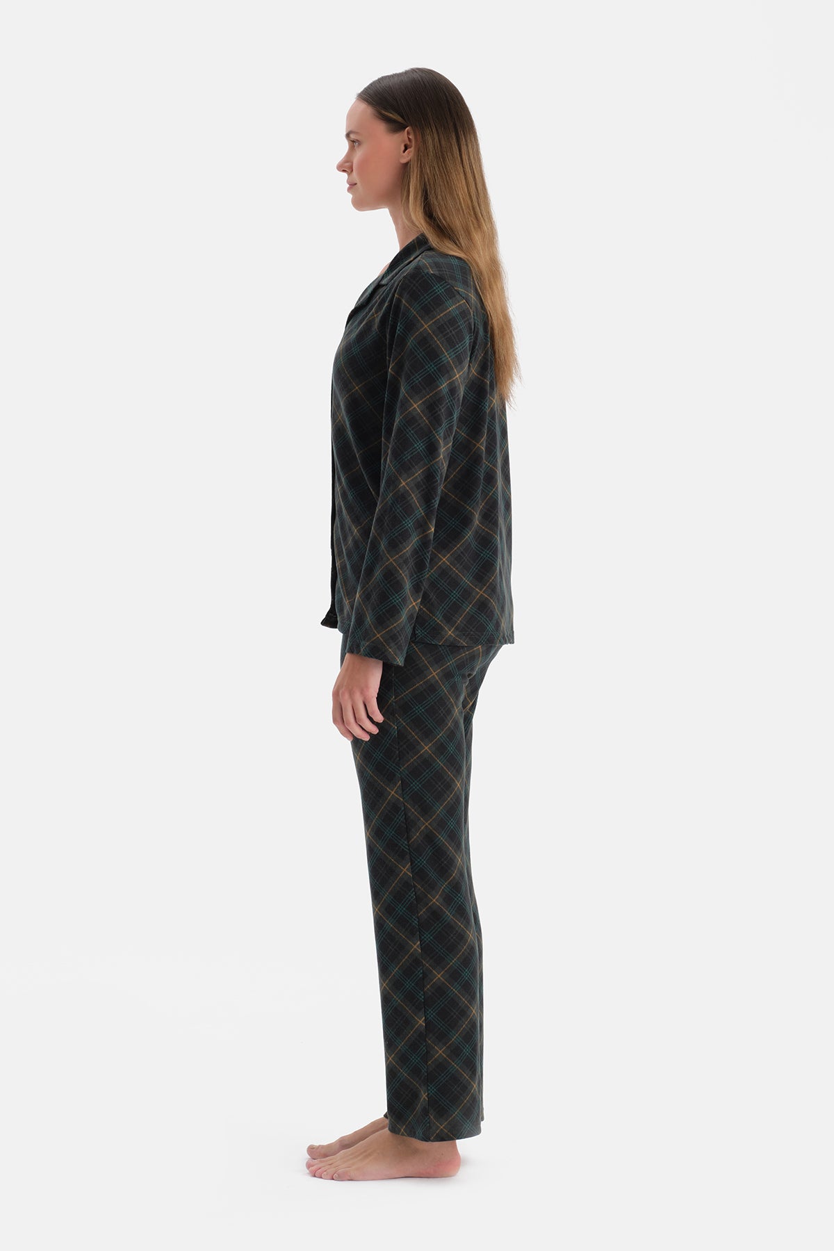 Koyu Yeşil Ekoseli Termal Gömlek Pantolon Pijama Takımı