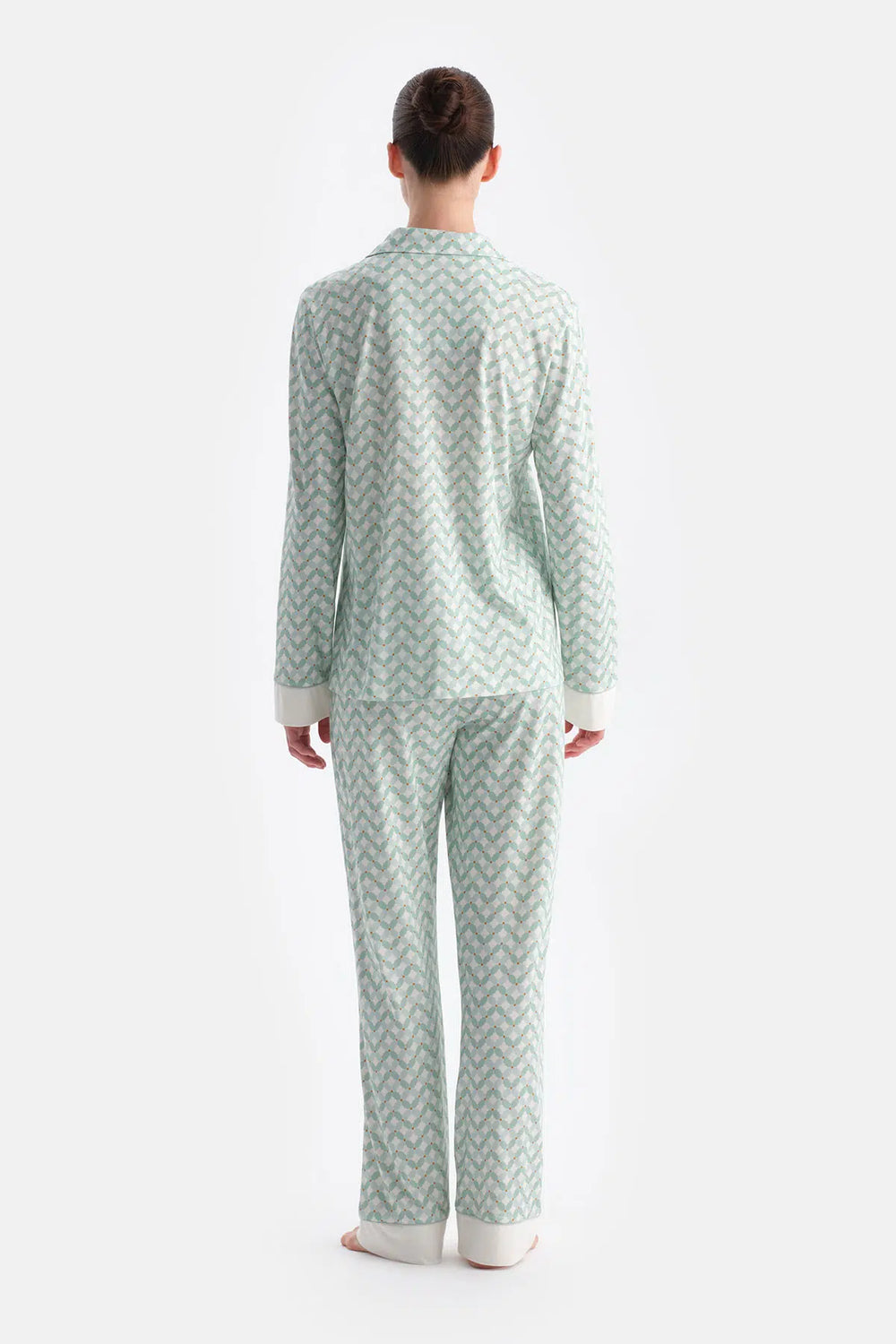 Su Yeşili Geometrik Desenli Gömlek Pantolon Takım