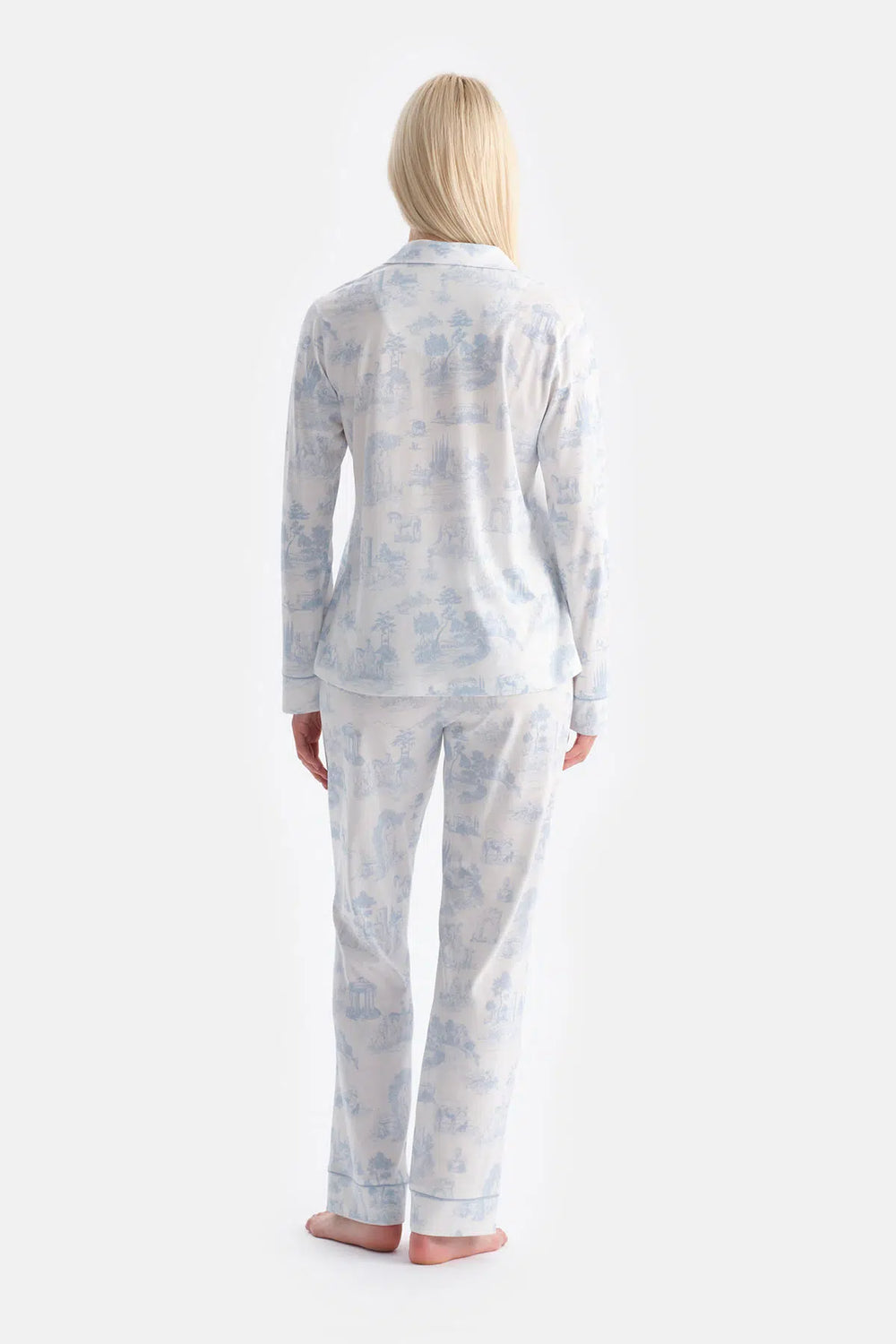 Açık Mavi Manzara Baskılı Gömlek Pantolon Takım