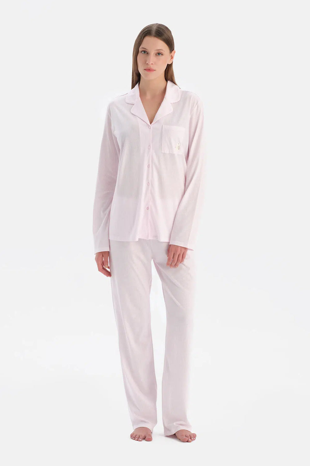 Açık Pembe Çizgili Gömlek Pantolon Takım