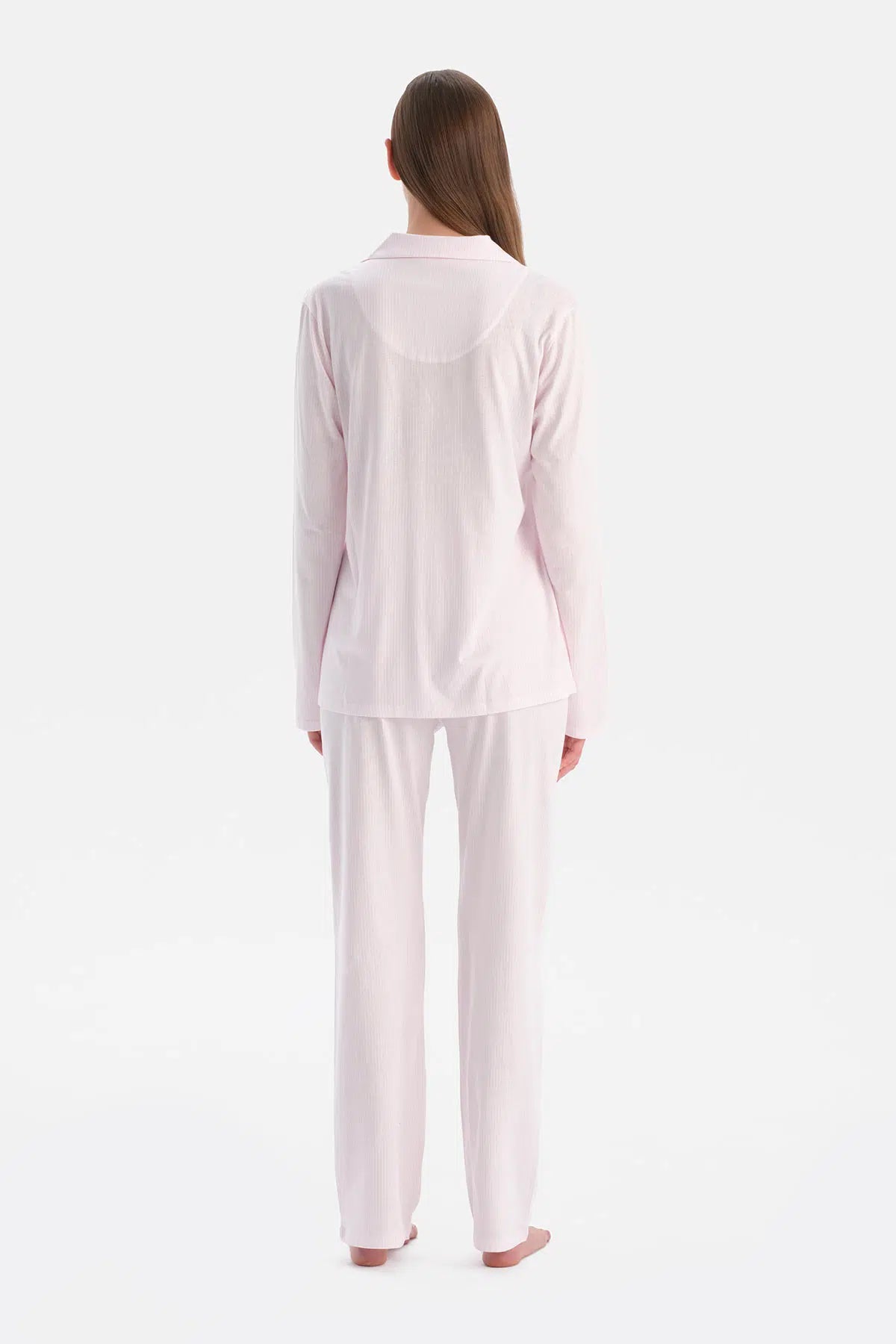 Açık Pembe Çizgili Gömlek Pantolon Takım