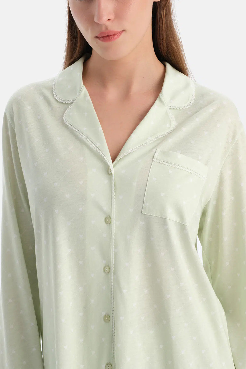 Açık Yeşil Kalp Desenli Gömlek Pantolon Takım