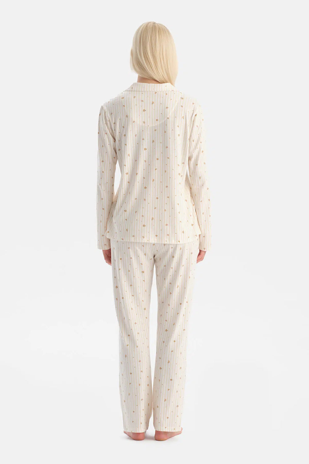 Ekru Çiçek Desenli Gömlek Pantolon Takım