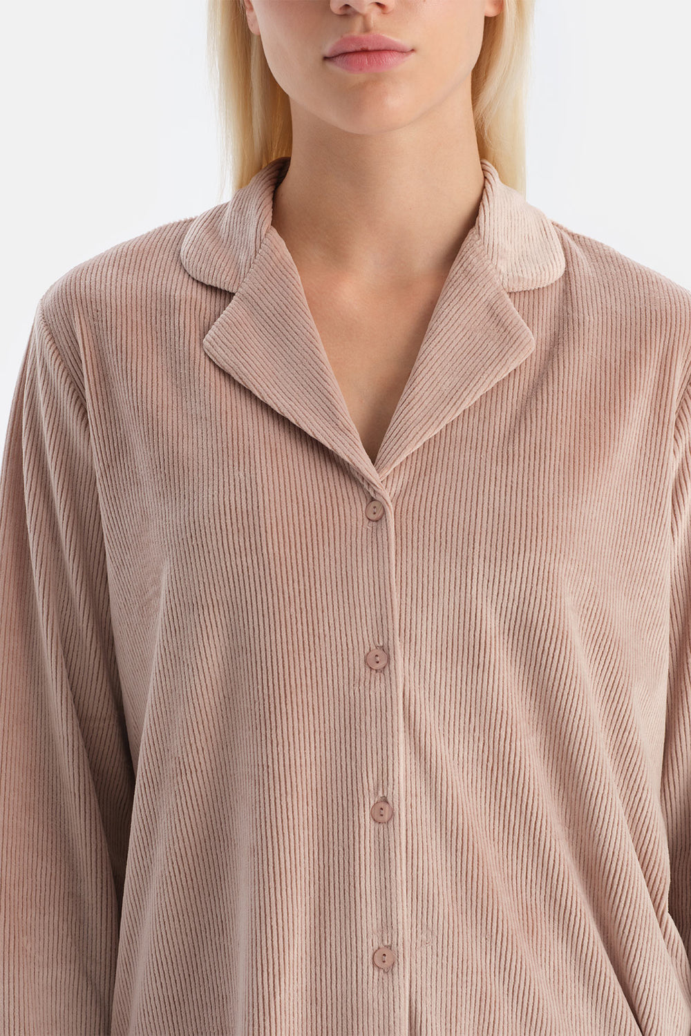 Açık Pembe Travel Ribli Kadife Gömlek Pantolon Pijama Seti