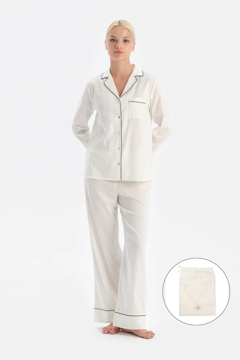 Ekru Travel Biye Detaylı Pamuk Saten Gömlek Pantolon Pijama Seti