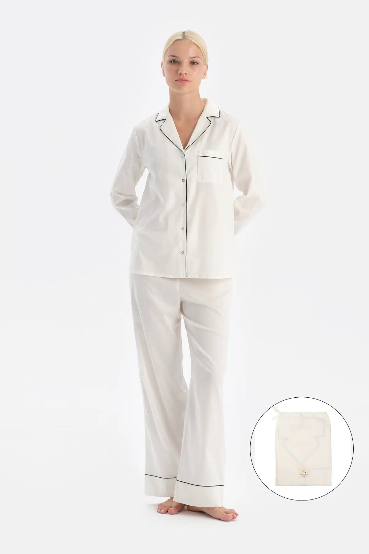 Ekru Travel Biye Detaylı Pamuk Saten Gömlek Pantolon Pijama Seti